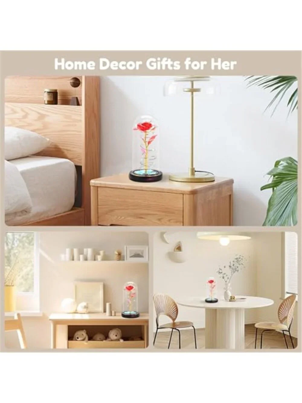 Forever Rose in Glass Dome LED Light Preserved Flower Romantic Gift Decor